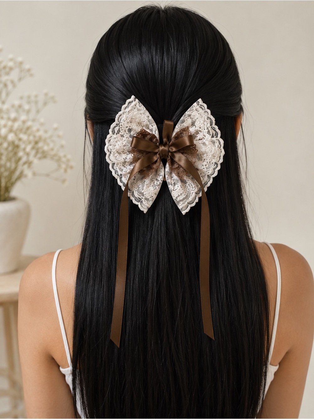 Soft Pink Lace Hair Bow with Brown Satin Ribbon